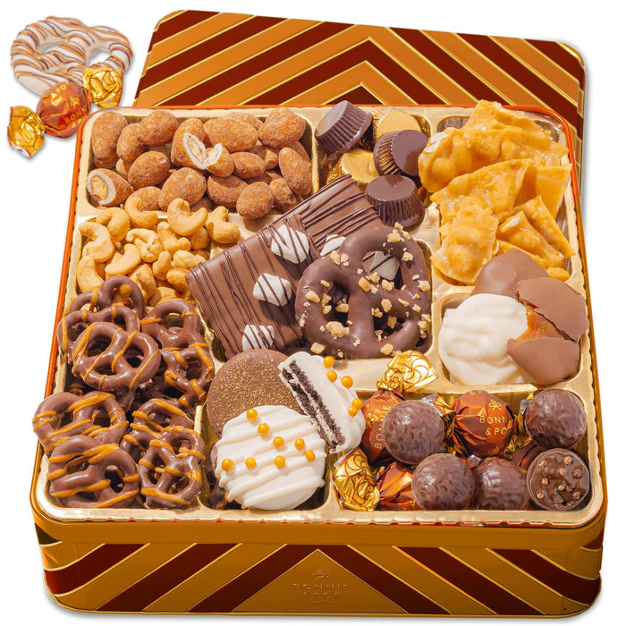Christmas Chocolate Gift Basket- Holiday Nut and Candy Gift Box for Men, Women, Families, Corporate- Bonnie and Pop