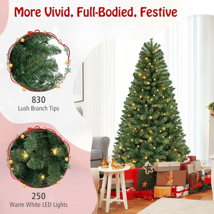 Goplus 7ft Pre-Lit Christmas Tree, Artificial Hinged Xmas Tree with 250 Warm White LED Lights, 8 Lighting Modes & Gloves, 830 PVC Branch Tips, for Home Office Decoration