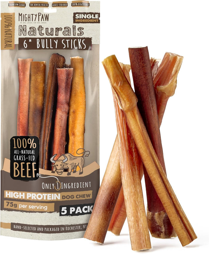 Mighty Paw Long Lasting 12" Bully Sticks for Dogs - All Natural Grass Fed Beef Chews. Lower Odor Dog Bully Sticks for Large Dogs, Medium and Small Breeds. Single Ingredient Treats