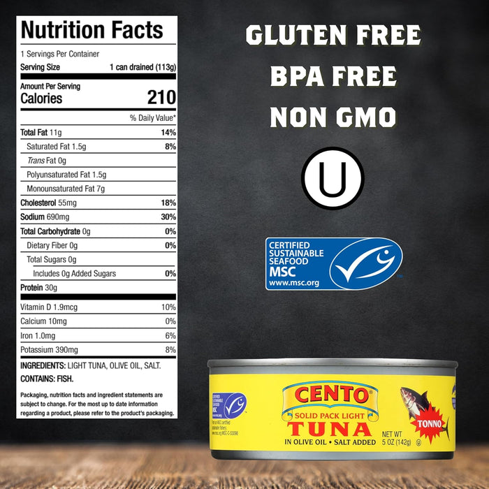 Cento Solid Packed Tuna in Olive Oil, 5 Ounce (Pack of 12)