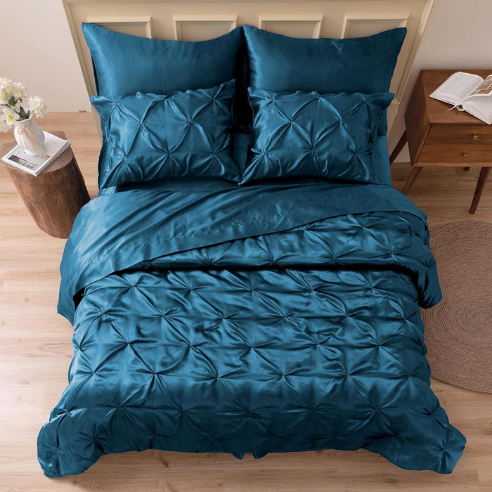 MR&HM Satin Comforter King 7 Pieces - Luxurious Pinch Pleat Bedding Set with Comforter, Flat Sheet, Fitted Sheet, Pillowcases & Shams, Super Silky Soft Bed Set for All Season (King, Black)