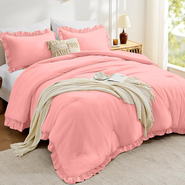 FUANNA Queen Comforter Set Beige 3 Pieces, Ruffle Shabby Chic Queen Bed Set, Fluffy Lightweight Soft Bed in a Bag Queen for All Seasons, Farmhouse Bedding Comforter Sets(1 Comforter & 2 Pillowshams)