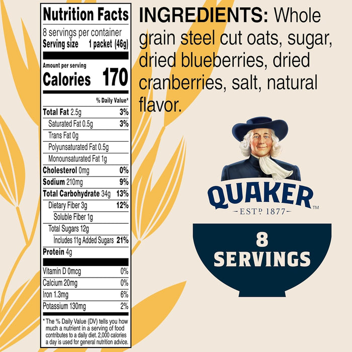 Quaker, Instant Steel Cut Oatmeal, Cranberries And Blueberries, 8 Ct