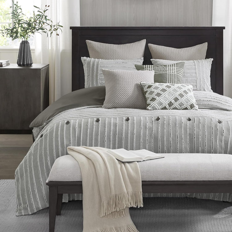 Madison Park King Comforter Set Clipped Jacquard Stripes with Buttons Boho Comforter for a King-Size Bed, Cotton Oversized Comforters with Removable Cover Boho Bedding, King Ivory 9 Piece