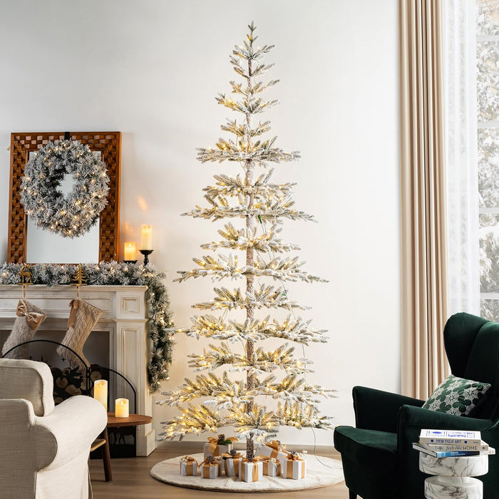 Glitzhome 7.5ft Pre-Lit Flocked Pencil Artificial Christmas Tree, Chicago Frostwood Spruce w/Remote Control,1211 PE&PVC Tips and 350 Warm White Lights,Sturdy Metal Stand for Home Decoration