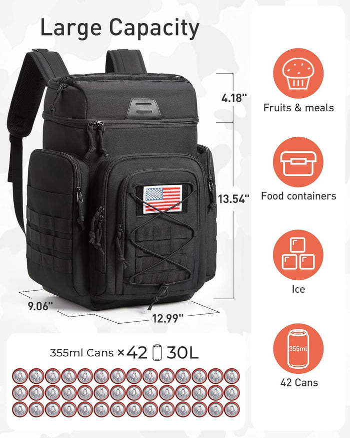 TOURIT 42 Can Tactical Cooler Backpack – Insulated for 16H Ice Retention, Leakproof, Multi-Pocket with DIY Hook & Loop Panel