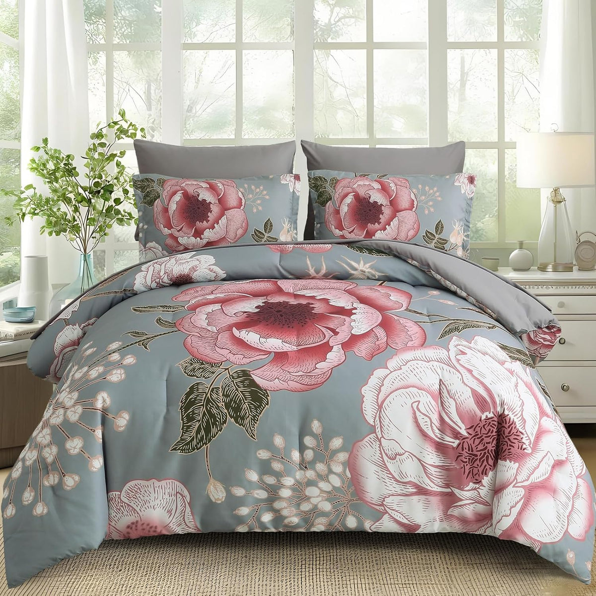 Luxudecor Floral Queen Comforter Set 7 Pieces Bed in a Bag, White Flower Print on Navy Blue Bedding Set, Soft Reversible Comforter with Sheet Set 90"x90"