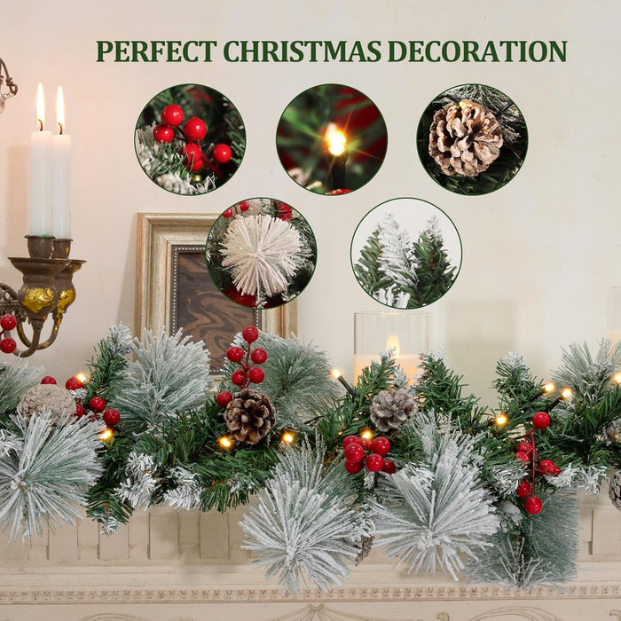 HOHOTIME 9ft Christmas Garland with Lights, Artificial Prelit Pine Garland with Snow Berry Pine Cone for Mantle Xmas Decor, Christmas Decorations for Stairs Railing Fireplace Window Indoor Outdoor