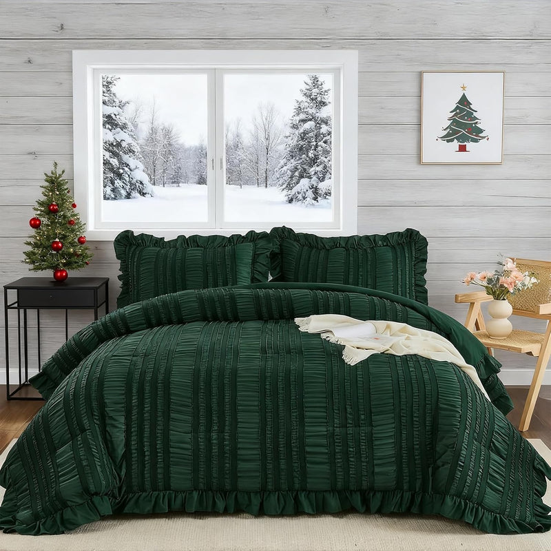 WONGS BEDDING White Queen Comforter Set,Boho Ruffle Comforter for Queen Bed,Soft Seersucker Shabby Chic Bedding Set with 1 Comforter,2 Tufted Pillowcases 90"×90"