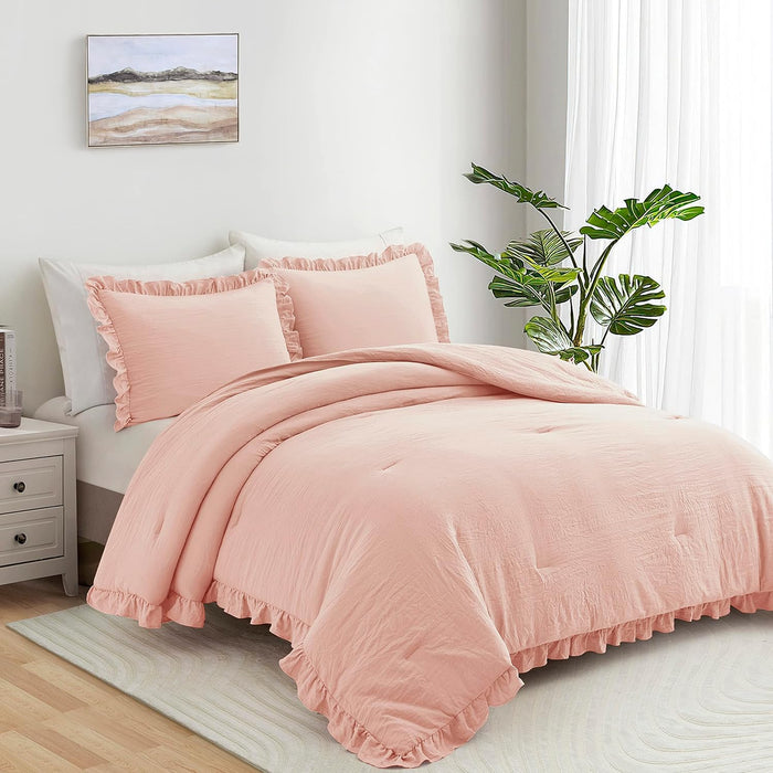 Queen Comforter Set - Ruched Comforter Queen Size Bed Set Boho Shabby Chic Bedding for Bedroom Comforter Fluffy 3 Piece Ruffle Comforter Set with Pillow White Bedding Soft