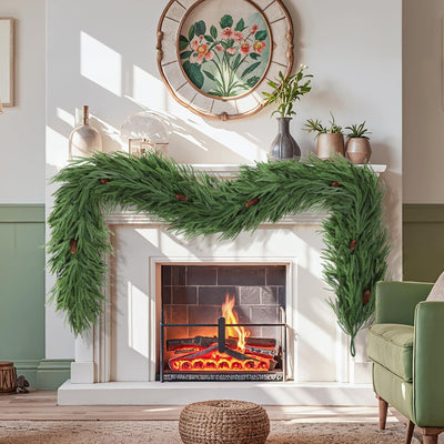 SHareconn 9FT Christmas Norfolk Pine Garland Decorations, Thick Real Touch Artificial Greenery Garland for Mantle Fireplace Table Stairs Railing Front Door Indoor Outdoor Holiday Decor,Green