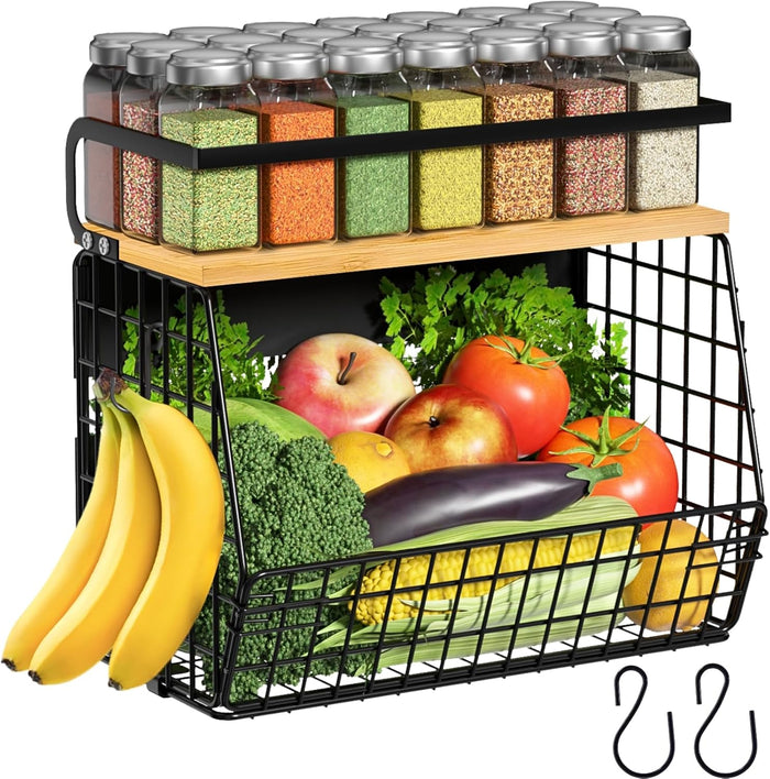2 Set Magnetic Shelf for Refrigerator with Wood Lid, Fruit Potato & Onion Storage Bins, Pantry Organizers & Storage, Large Container Magnetic Spice Rack for Refrigerator, Kitchen Counter, Cabinet