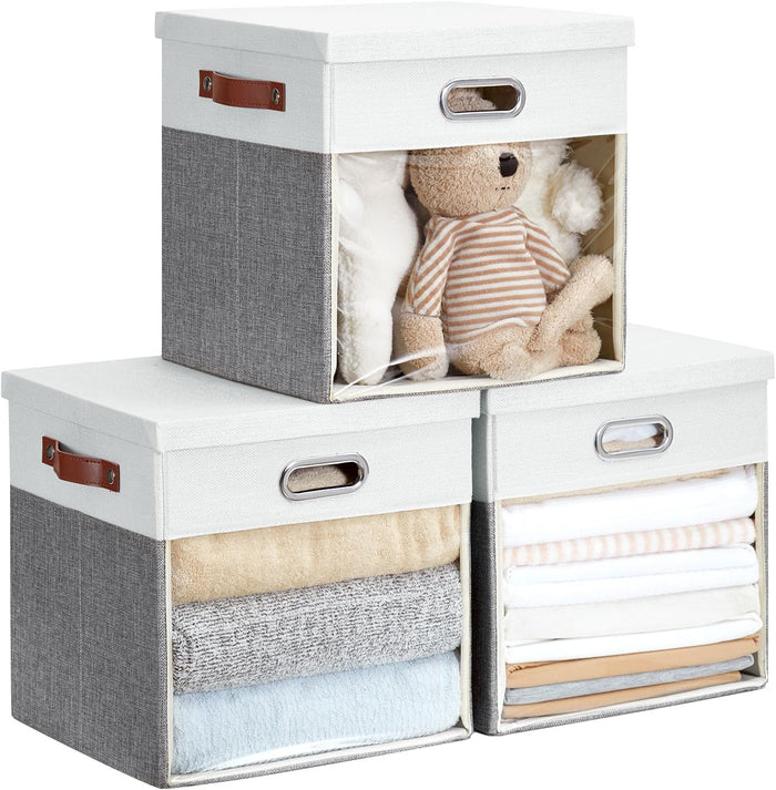 Fabric Storage Cubes with Clear Windows and Lids, 11'' Foldable Storage Bins with 3 Handles, Decorative Storage Boxes for Home, Bedroom, Closet, Office (Gray & White)