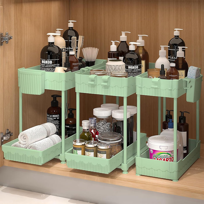 3 Pack Under Sink Organizers, 2-Tier Multi-Use Kitchen and Bathroom Organizers and Storage with Sliding Drawers，Bathroom Cabinet Organizer (Black, 12.8 Inch)
