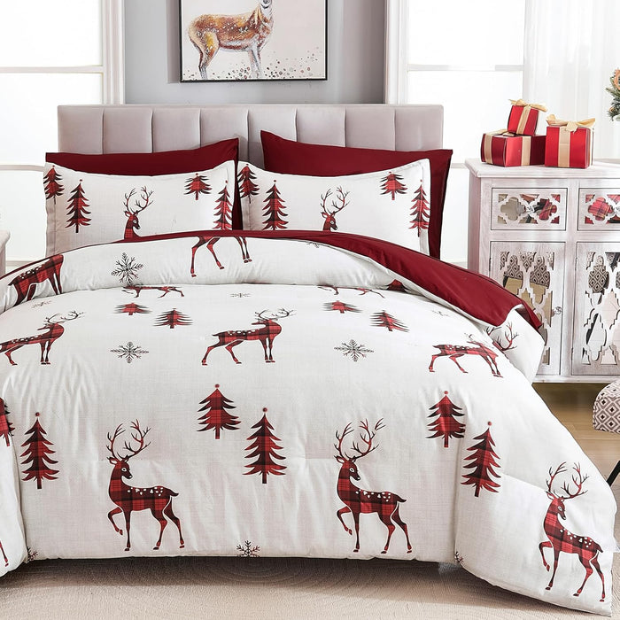 Christmas Queen Comforter Set 7 Pieces, Red Christmas Deer Pattern Bed in a Bag, Soft Reversible Bedding Set Xmas Holiday Decor 90"x90"