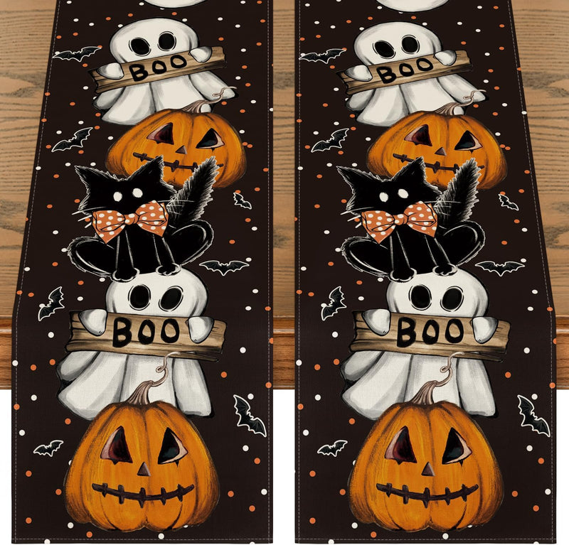 Artoid Mode Polka Dot Ghost Pumpkin Cat Boo Halloween Table Runner, Bat Seasonal Fall Kitchen Dining Table Decoration for Home Party Decor 13x72 Inch