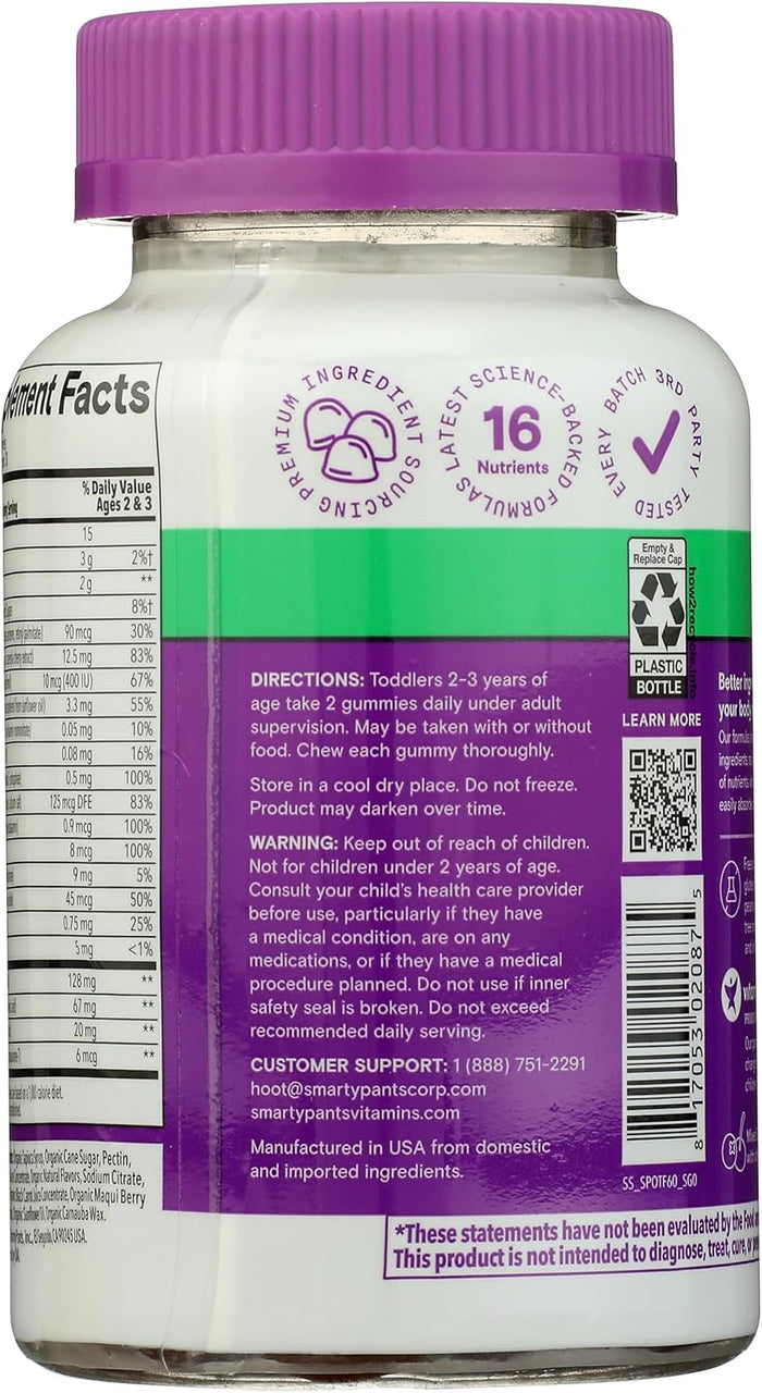 SmartyPants Organic Toddler Multivitamin Gummies: Probiotics, Omega 3 (ALA), Vitamin D3, C, Vitamin B12, B6, A, K & Zinc, Beta Carotene, Gluten Free, Three Fruit Flavors, 60 Count (30 Day Supply)