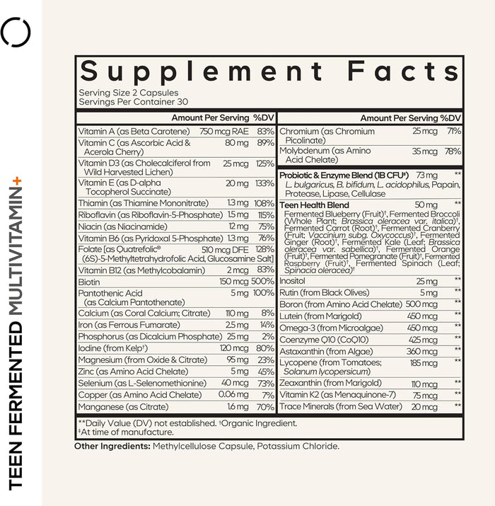 Codeage Teen Multivitamin Supplement – Daily Vitamins and Minerals for Teen Boys and Girls – Organic Whole Food Formula with Omega-3 and Vitamins A to K - 60 Capsules
