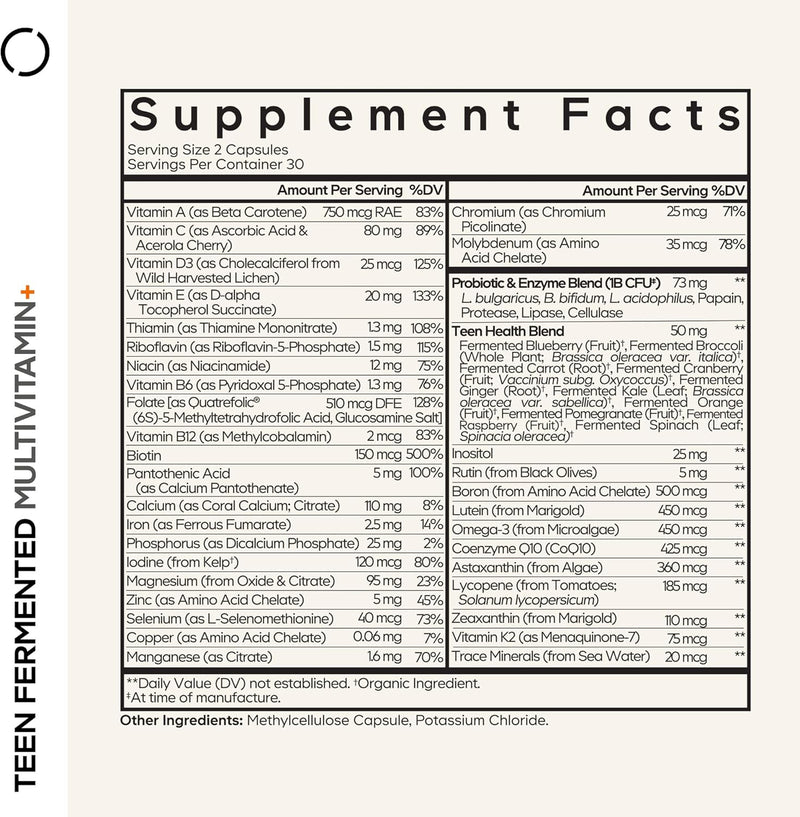 Codeage Teen Multivitamin Supplement – Daily Vitamins and Minerals for Teen Boys and Girls – Organic Whole Food Formula with Omega-3 and Vitamins A to K - 60 Capsules