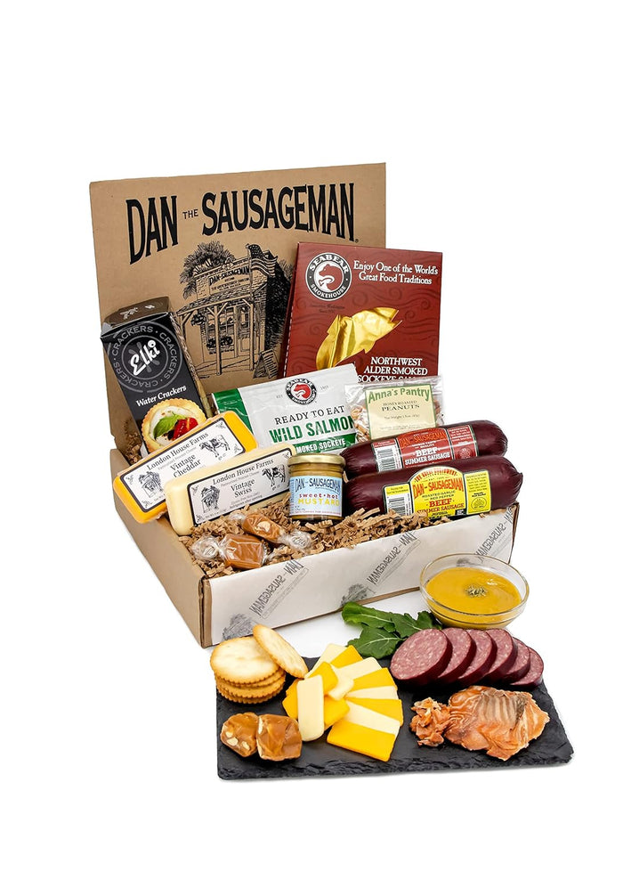 Dan the Sausageman Signature Gift (Nordic Fusion) Gift Basket – Gourmet Snacks with Summer Sausage, Cheese, Crackers, Lingonberry Sauce – Holiday, Thank You, Mother’s Day, Meat and Cheese, Snack Box