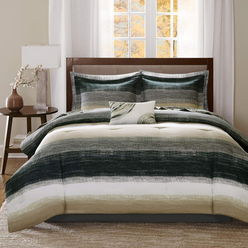 Madison Park Essentials Queen Comforter Set, Bed in a Bag Queen, Watercolor Print Coastal Comforter & Chambray Cotton Sheet Set, All Season Bedding Set, Saben, Aqua Queen (90 in x 90 in) 9 Piece