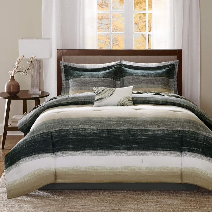 Madison Park Essentials Queen Comforter Set, Bed in a Bag Queen, Watercolor Print Coastal Comforter & Chambray Cotton Sheet Set, All Season Bedding Set, Saben, Aqua Queen (90 in x 90 in) 9 Piece