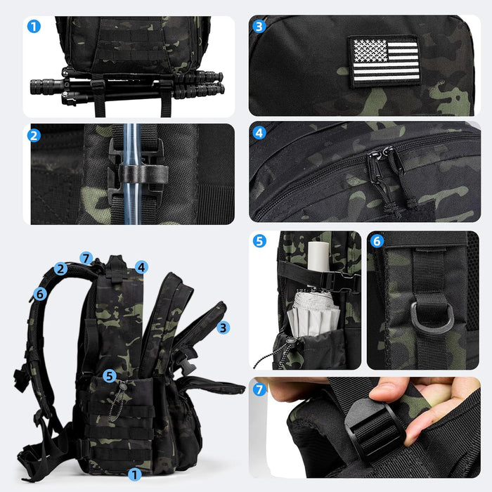 Tactical Backpack for Men, Military Army Rucksack 40L Large Molle Army Assault Pack with Bottle Holder, Day Pack Bug out Bag Survival Backpack for Hiking, Hunting, Travel, Camping, Black Camo