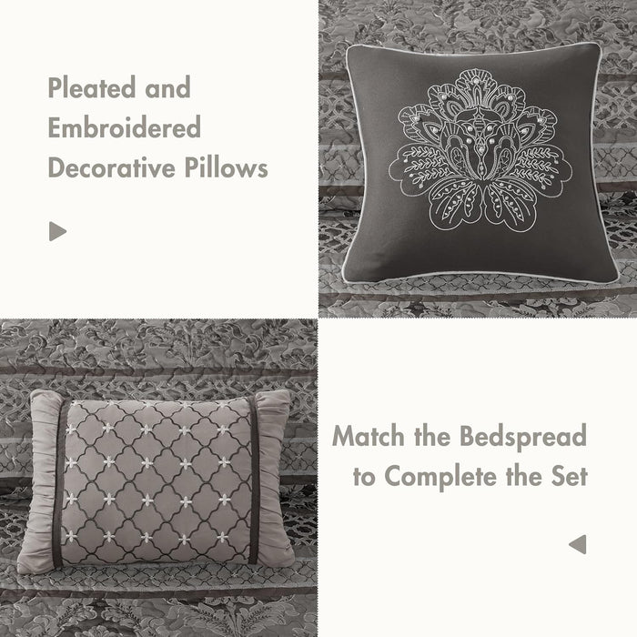 Madison Park Traditional Damask Design All Season, Lightweight Coverlet Bedspread Bedding Set, Matching Shams, Pillows, (102"x118"), Bellagio, Jacquard Grey, 5 Piece