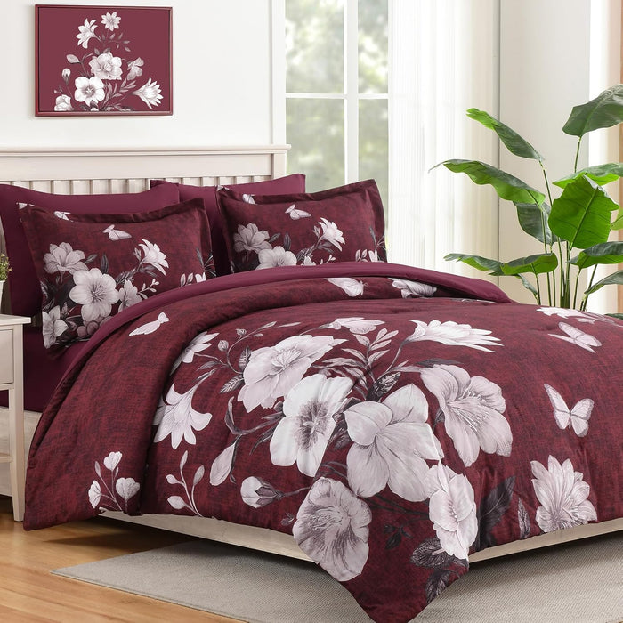 Floral Comforter Set Queen Size, 7 Pieces Burgundy Bed in a Bag, Elegant Floral Butterfly Comforter and Sheet Set, Soft Microfiber Bedding Set for All Seasons(Burgundy,90"x90")