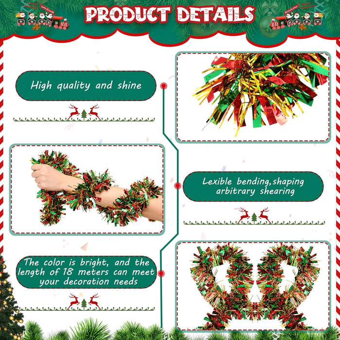 177 Feet Christmas Tinsel Garland Metallic Shiny Hanging Christmas Tree Tinsel Garland Ornaments for Indoor Outdoor Party Wedding Holiday(Red Green Gold)