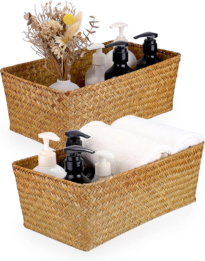 3 Natural Wicker Basket Set Rectangular Handwoven Seagrass Basket Storage Bins Home Organizer Bins - Household Basket Box for Shelf Wardrobe Desktop Home Decor (Coffee)