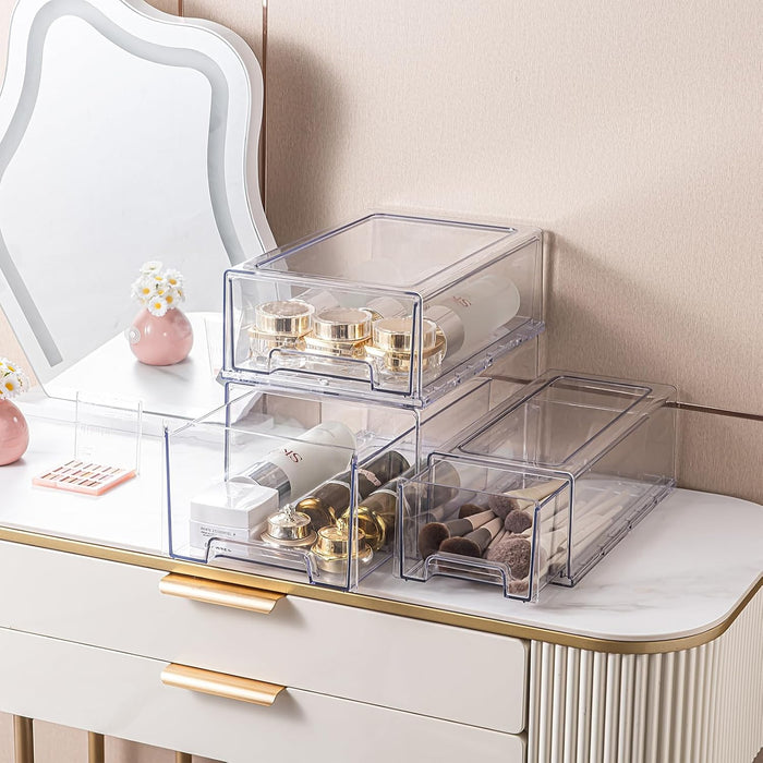 PeJeyiee 2 Pack Stackable Pull-Out Storage Drawers，Plastic Clear Organizer Bins with Handles，Easily Clean for Kitchen Undersink，Craft, and Toy Organization，Fridge，Closet, Pantry, Office, Bathroom