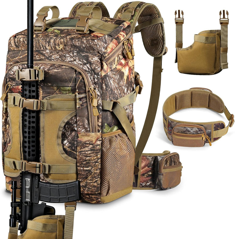 Hunting Backpack 40L for Men, Tactical Camo Bow Rifle Backpack with Removable Waist Belt, PALS/MOLLE System, Waterproof Rain Cover, Flag & Whistle for Saddle Hunting