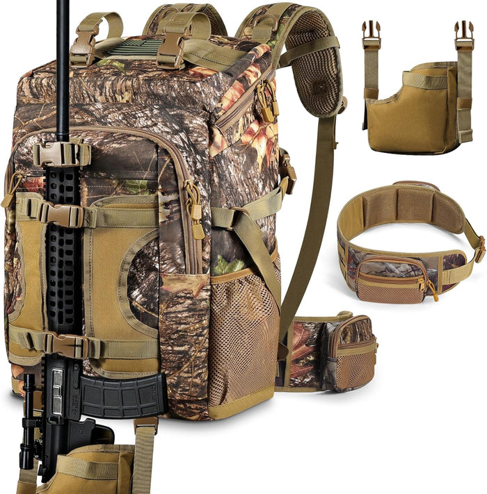 Hunting Backpack 40L for Men, Tactical Camo Bow Rifle Backpack with Removable Waist Belt, PALS/MOLLE System, Waterproof Rain Cover, Flag & Whistle for Saddle Hunting