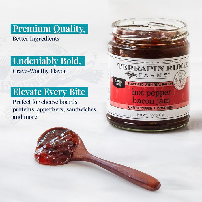 Terrapin Ridge Farms Hot Pepper Bacon Jam – Sweet & Spicy Spread with Real Bacon & Jalapeño – Gourmet Condiment for Cheese, Meats, and Appetizers – 10.5 oz Jar