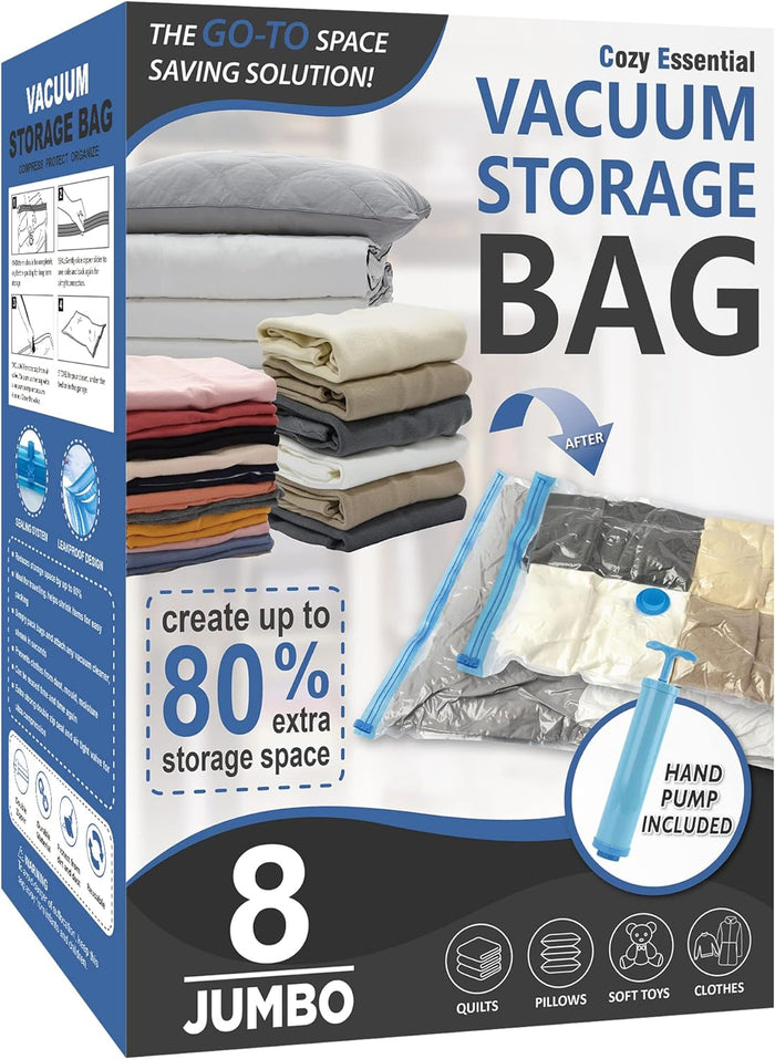 20 Pack Vacuum Storage Bags, Space Saver Bags (4 Jumbo/4 Large/4 Medium/4 Small/4 Roll) Compression for Comforters and Blankets, Sealer Clothes Storage, Hand Pump Included