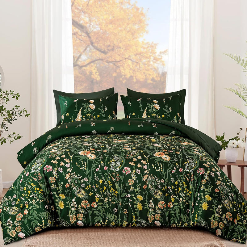 Yiran 7 Piece Pink Green Floral Comforter Set Queen Size, Cute Watercolour Botanical Comforter Bedding Set, Bed in a Bag Queen, Soft Microfiber Complete Bedding Set with Sheets for All Season