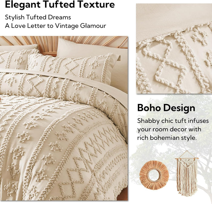MR&HM Beige Comforter Set Queen, Tufted Boho Bedding Set, Farmhouse Bed in a Bag Set 7 Pieces with 1 Comforter, 2 Pillow Shams, 2 Pillowcases, 1 Flat Sheet, 1 Fitted Sheet for All Seasons