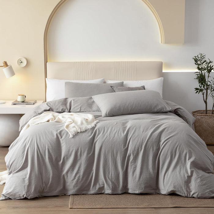JIYUAN 100% Washed Cotton Duvet Cover Set 3 Pieces Queen, 1 Duvet Cover 90x90 Inches(Comforter Not Included) and 2 Pillowcases,Linen Feel Bedding Set Comfy and Breathable, Heathered Green