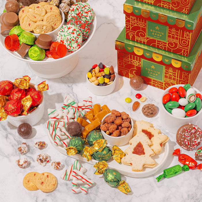 Gift Tower, Candy Gift Basket, Assortment Tray Box- Men, Women, Children Kids & Families- Chocolate- Bonnie and Pop (Christmas)