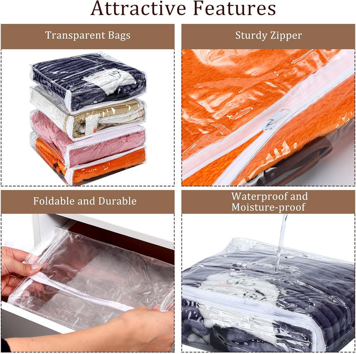 Kingdder 16 Pcs Clear Vinyl Zippered Sweater Storage Bags with Zipper 10 x 10 x 2.5 Inch Plastic Sheet Organizer and Storage for Clothing Blankets Sheet Linen Bed Pillow Cube Organizer