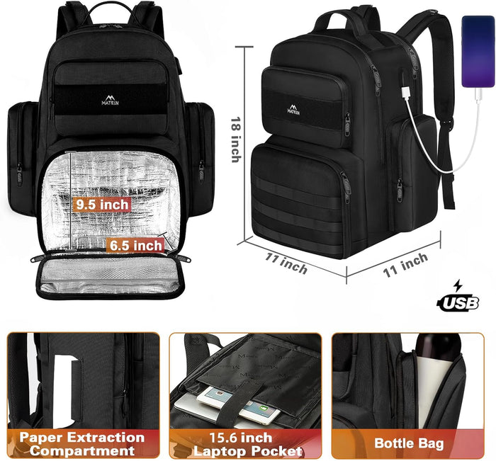 MATEIN Lunch Backpack for Men Work, 15.6 Inch Tactical Backpack with Lunch Compartment, Large Laptop Backpacks with Insulated Cooler Bag for Travel Beach Camping Picnic Hiking, Black