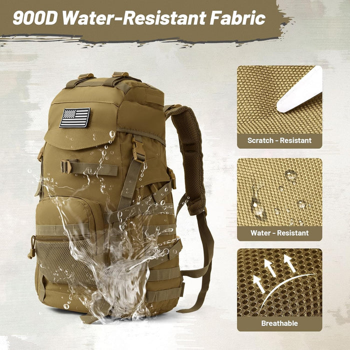 50L Tactical Backpack for Men and Women, Water-Resistant Molle Rucksack, Large Military Assault Pack for Hiking, Hunting, Camping, Gym & Outdoor Survival Khaki