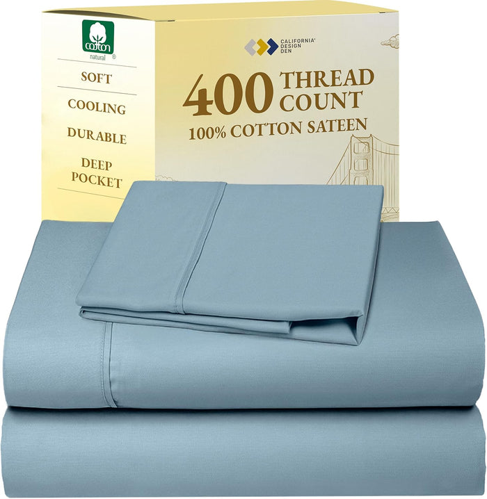 California Design Den Natural 100% Cotton Sheets, Soft Queen Sheet Set, 400 Thread Count Sateen, Deep Pockets with All-Around Elastic for a Snug Fit, Cool & Durable Bedding Set - Black