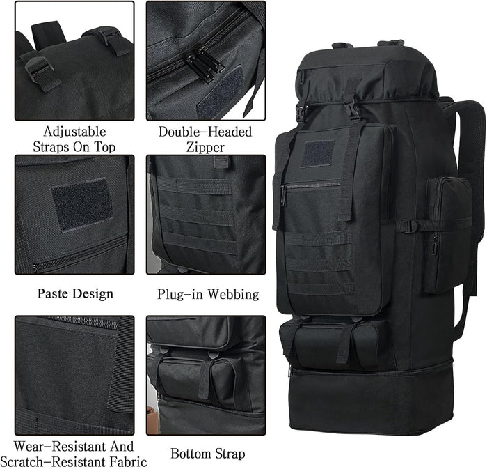 100L Camping Hiking Backpack, Military Tactical Backpack Molle Rucksack, Extra Large Hiking Backpack, Water Resistant Hiking Daypack, Outdoor Sports Backpack, Adjustable Sport Bags (Black)