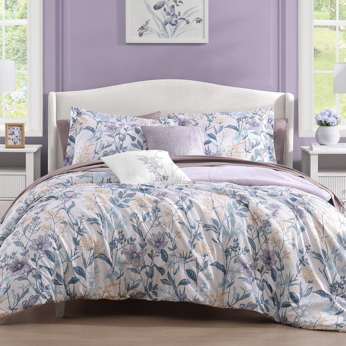 CASAAGUSTO Queen Comforter Set, 7 PCS Green Butterfly Floral Comforter Set with Flowers Leaves Pattern, Soft Seersucker Design All Season Queen Size Bedding Set(90"X90")