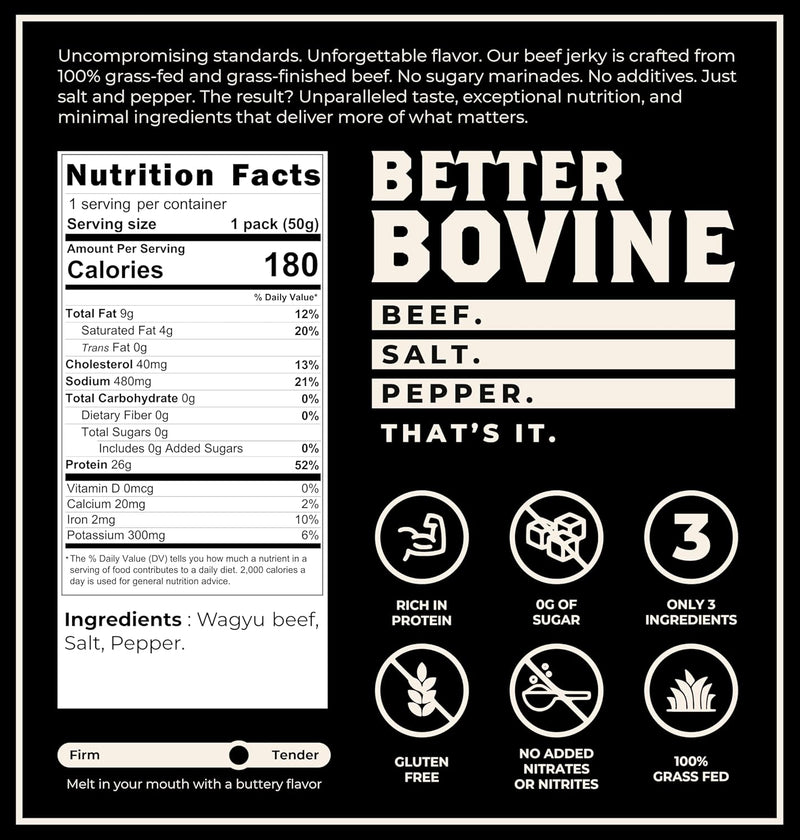 BETTER BOVINE Grass Fed Wagyu Beef Jerky, Keto, Paleo, Low Carb, High Protein, Gluten Free, Sugar Free, Non-GMO, Nitrate Free, Preservative Free, No Antibiotics, No Added Hormones, 26g Protein, 0g Carbs, 180 Calories, Salt and Pepper 5 Pack