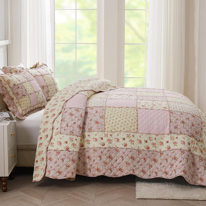 Cozyholy Queen Size Quilt Set 3-Piece, 100% Cotton Patchwork Quilt, Pink Floral Reversible Shabby Chic Bedding Bedspread for All Season, Soft Quilted Blanket with 2 Pillow Shams Machine Washable