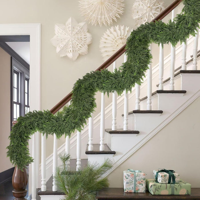9FT Thick Christmas Garland with 240 Cedar Branches, Real Touch Green Cedar Garland for Christmas Decorations, Artificial Greenery Garland for Table, Mantle, Wall, Indoor, Outdoor Holiday Decor
