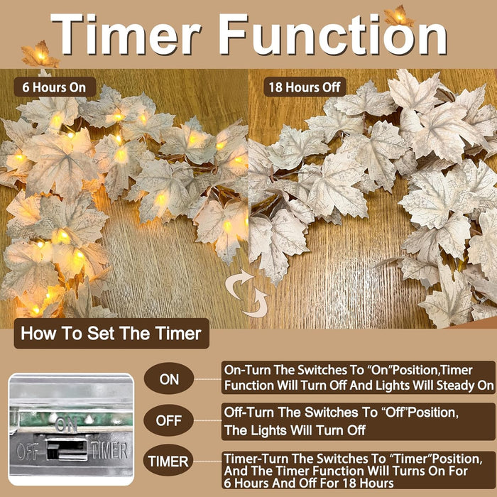 Timer - 2 Pack Fall Decor Fall Garland with Lights Fall Decorations for Home, Lighted Maples Leaves Garland Total 13Ft 40LED Battery Operated Autumn Harvest Halloween Thanksgiving Decor Indoor Outdoor
